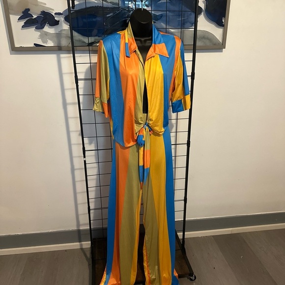 Women’s Plus Size Multi Color Two Piece Collar Self Tie Crop Top Wide Pants Set - Picture 10 of 14